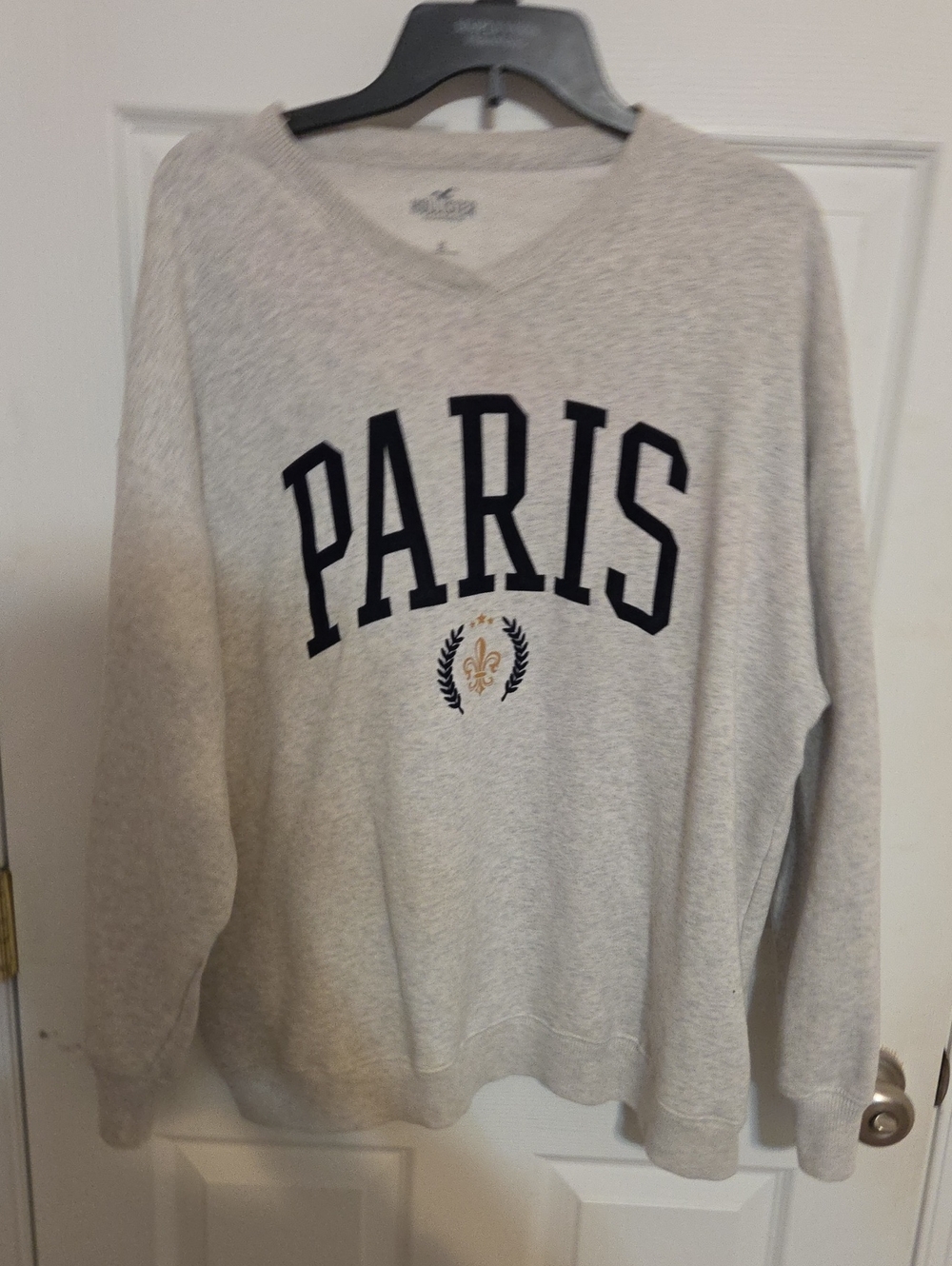 Hollister PARIS V-Neck Sweatshirt - Light Gray with Navy & Gold Accents